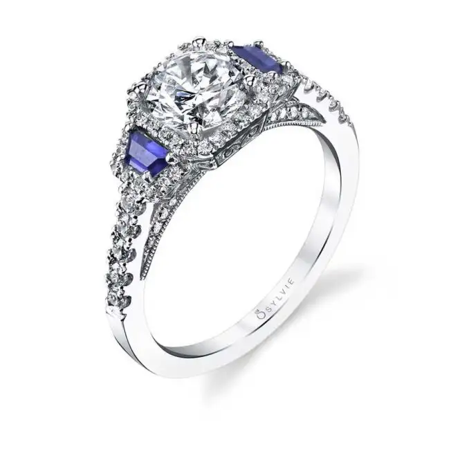 White Gold Round Cut Three Stone Engagement Ring with Sapphires and Baguettes
