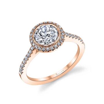 White Gold Round Cut Modern Bezel Halo Engagement Ring - Anita