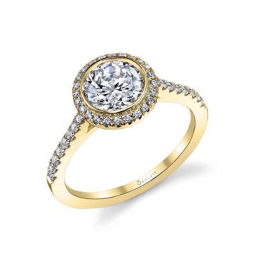 White Gold Round Cut Modern Bezel Halo Engagement Ring - Anita