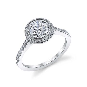 White Gold Round Cut Modern Bezel Halo Engagement Ring - Anita