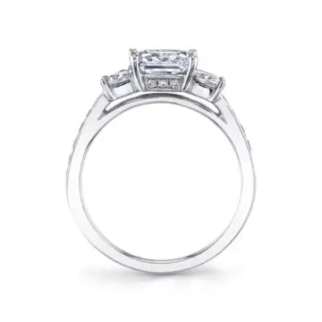 White Gold Cushion Cut Three Stone Engagement Ring With Princess Side Stones - Eva