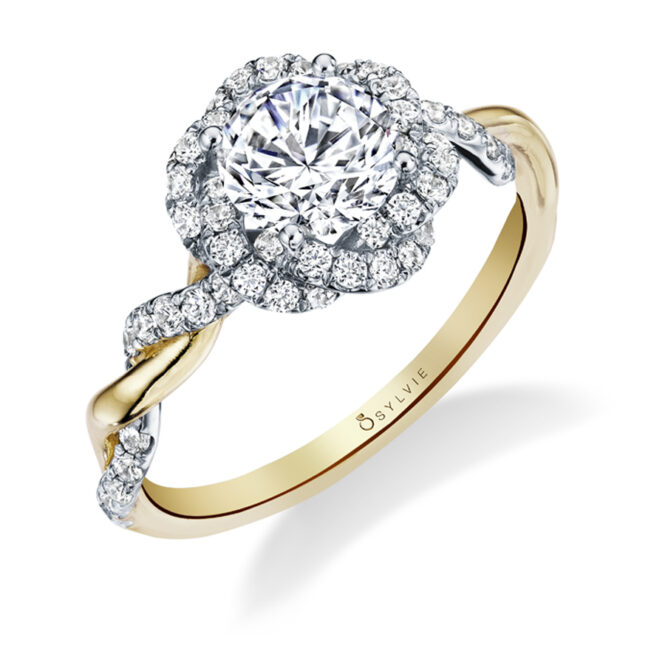 Round Cut Spiral Halo Two Tone Engagement Ring - Gabrielle