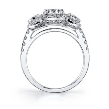White Gold Round Cut Three Stone Cushion Halo Engagement Ring - Hannela