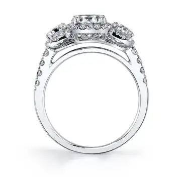 White Gold Round Cut Three Stone Cushion Halo Engagement Ring - Hannela