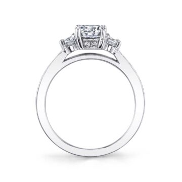 White Gold Round Cut Three Stone Engagement Ring with Milgrain Detail - Bianca