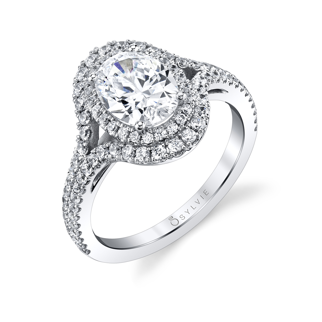 split shank oval double halo engagement ring
