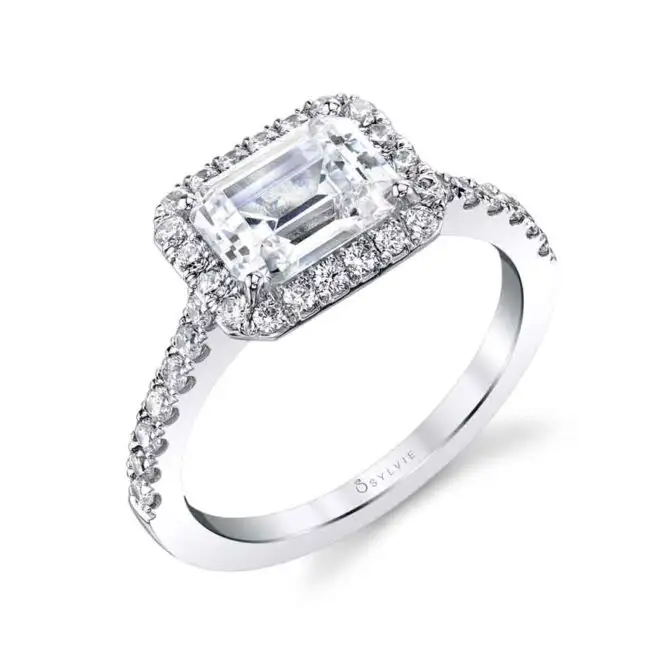 Emerald Cut White Gold East-West Classic Halo Engagement Ring - Chantelle