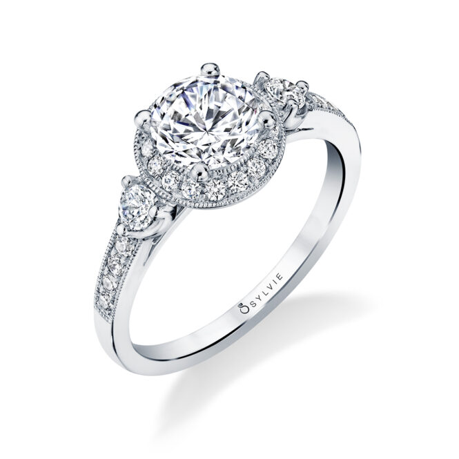 Three Stone Engagement Ring with Halo