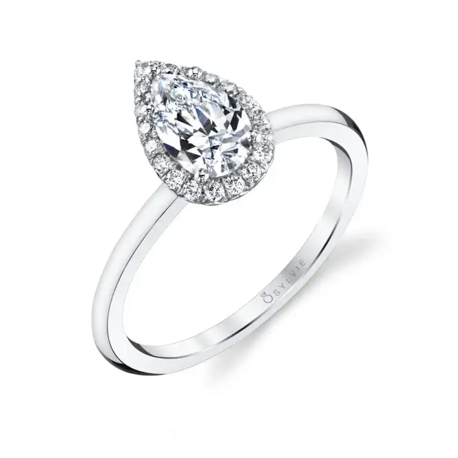 Pear Shaped White Gold Solitaire Halo Engagement Ring - Elsie