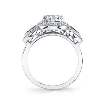 White Gold Round Cut Three Stone Engagement Ring with Halo - Sonia