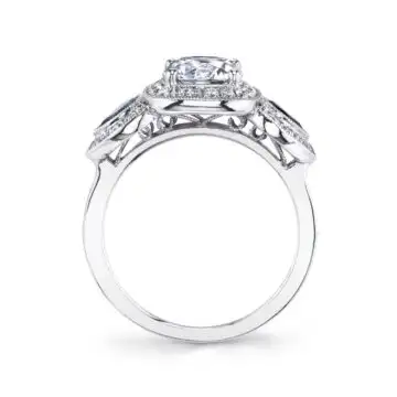 White Gold Round Cut Three Stone Engagement Ring with Halo - Sonia