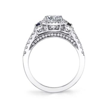 White Gold Three Stone Engagement Ring with Sapphires and Baguettes - Apolline