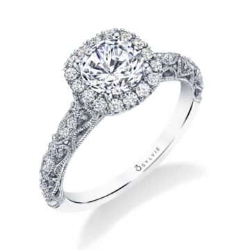 White Gold Round Cut Cushion Halo Modern Vintage Engagement Ring - Regine