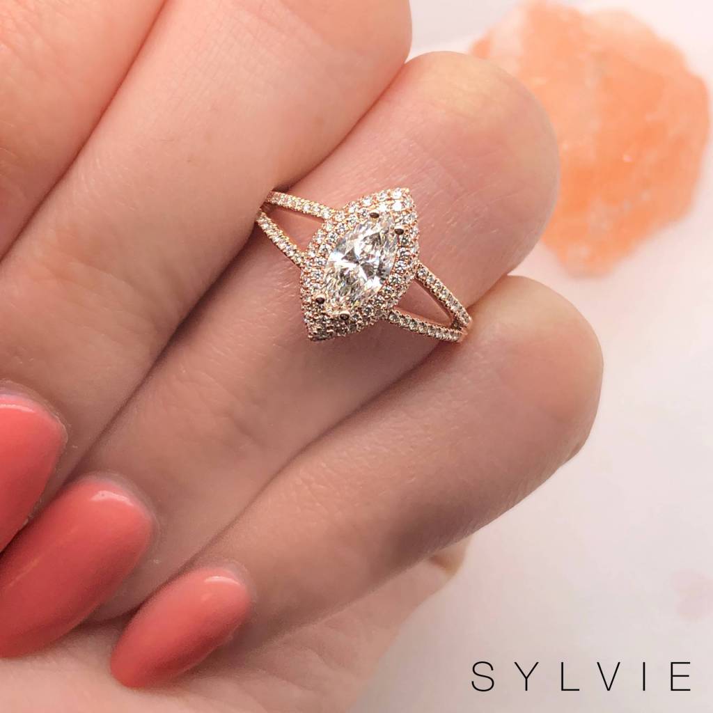 marquise shaped split shank engagement ring