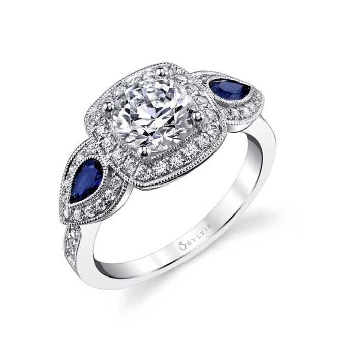 3 Stone Engagement Ring with Halo
