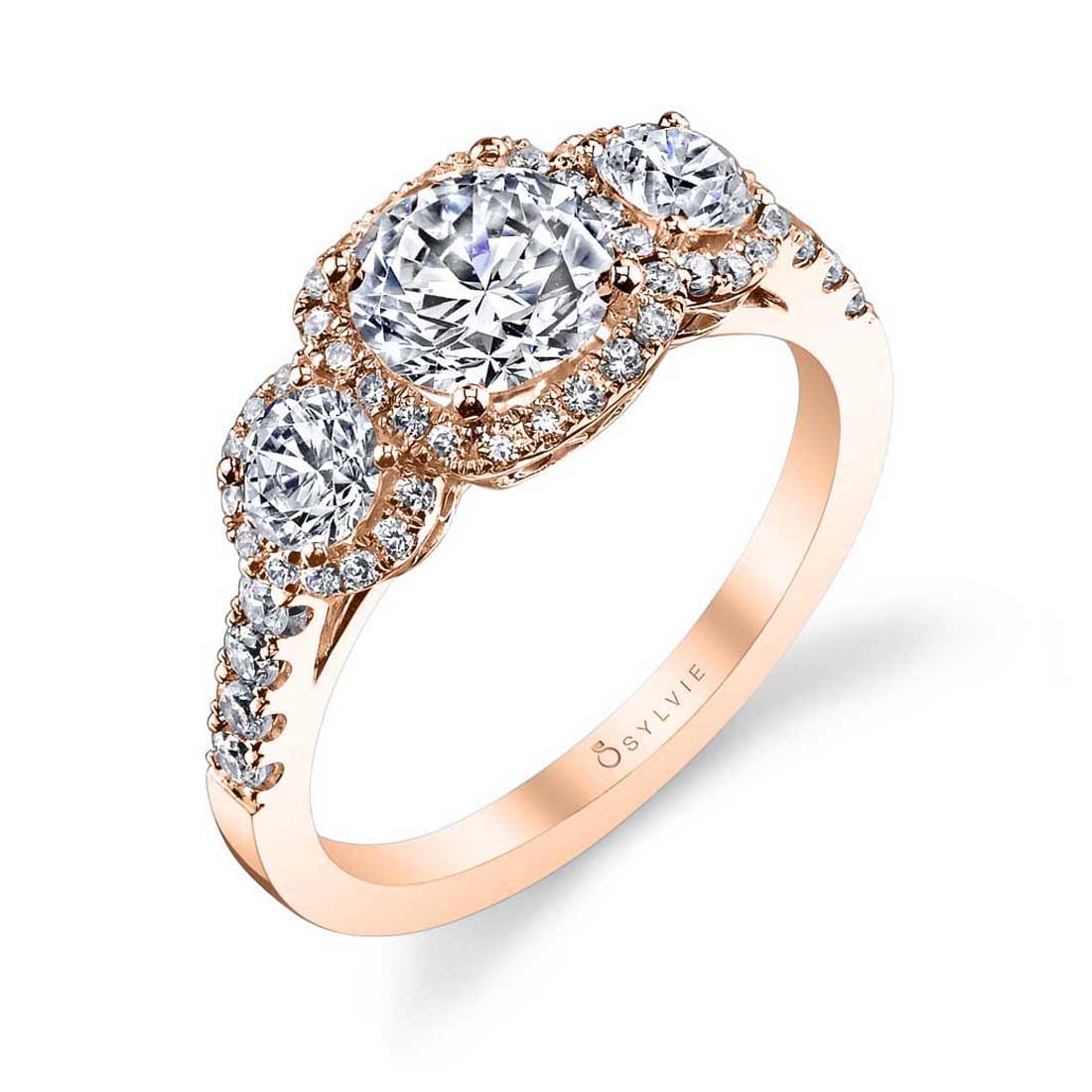Three Stone Engagement Ring with Halo
