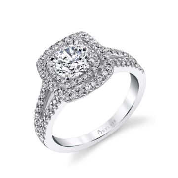 White Gold Round Cut Double Cushion Halo Split Shank Engagement Ring - Macey
