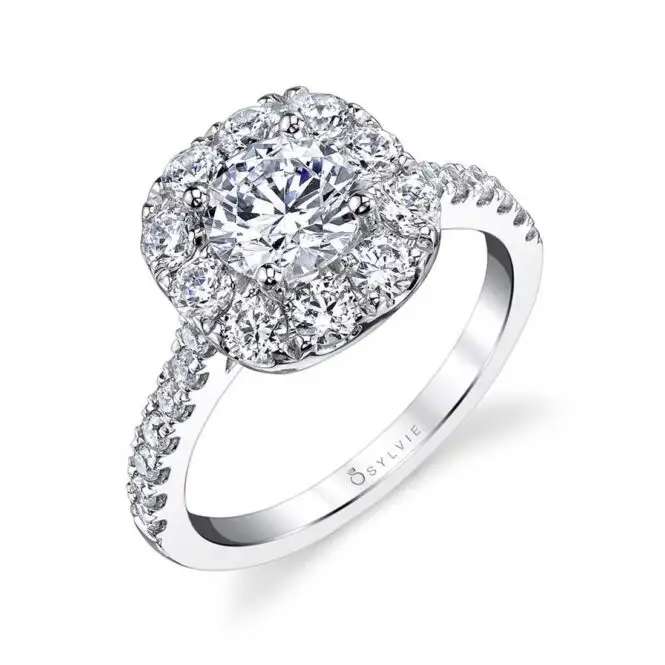 Round Cut White Gold Classic Cushion Halo Engagement Ring - Olivia