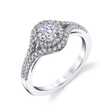 White Gold Round Cut Double Halo Engagement Ring with Split Shank - Nadine