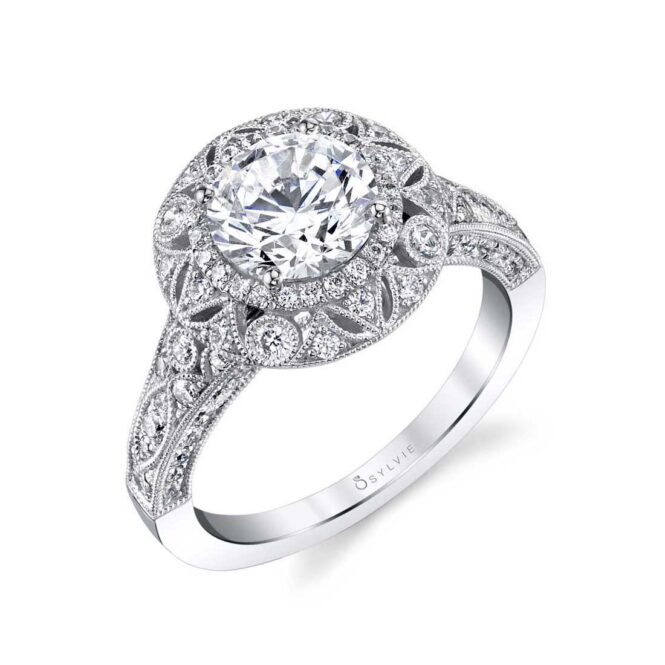 Round Cut Vintage Double Halo Engagement Ring - Thea