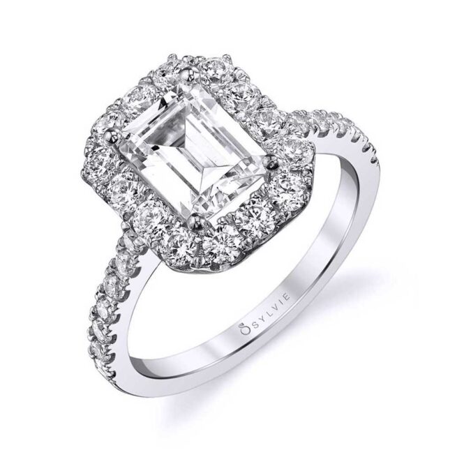 Profile Image of an Emerald Cut Engagement Ring with halo