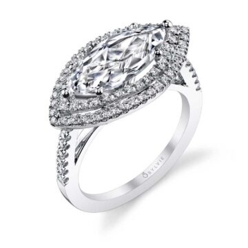 White Gold Marquise Cut East to West Double Halo Engagement Ring - Julee