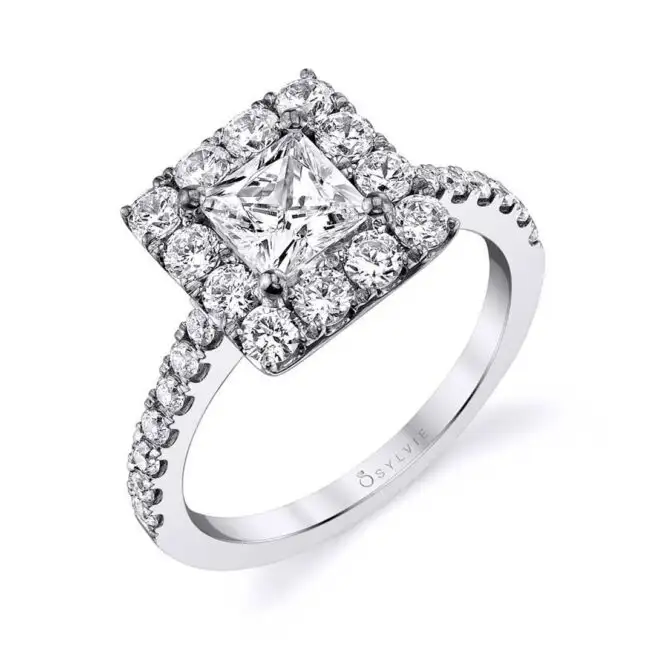 Princess Cut White Gold Classic Halo Engagement Ring - Olivia