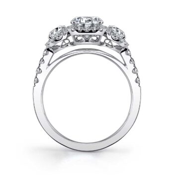 White Gold Round Cut Three Stone Cushion  Halo Engagement Ring - Bianca