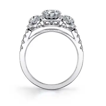White Gold Round Cut Three Stone Cushion  Halo Engagement Ring - Bianca