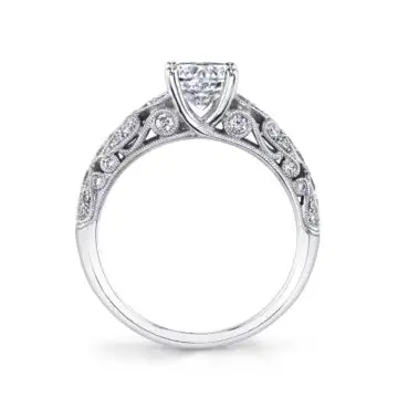 White Gold Round Cut Modern Vintage Engagement Ring - Louise