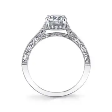 White Gold Round Cut Modern Vintage Engagement Ring - Envie