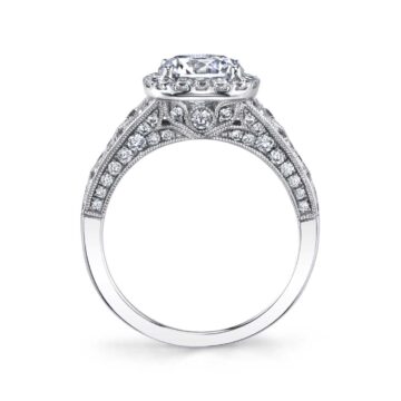 White Gold Round Cut Vintage Inspired Engagement Ring with Cushion Halo - Elodie