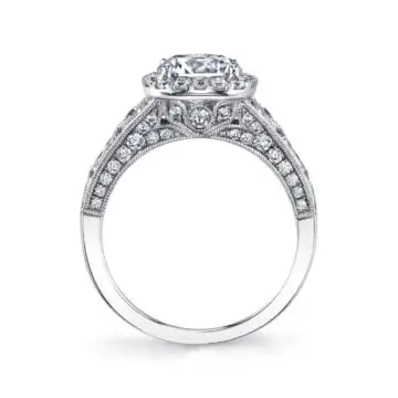 White Gold Round Cut Vintage Inspired Engagement Ring with Cushion Halo - Elodie