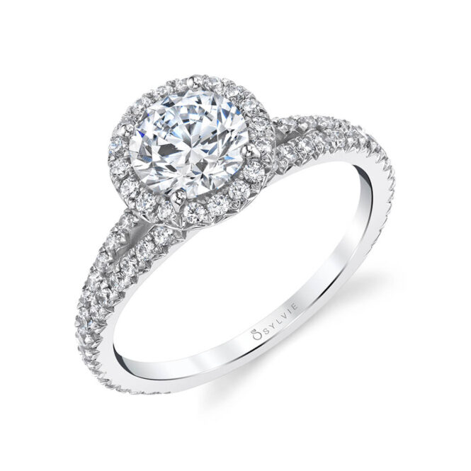 side view image of halo engagement ring with split shank