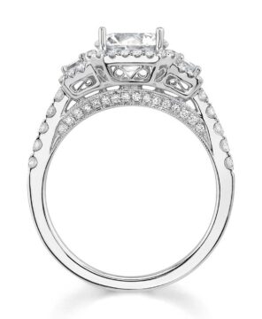 White Gold Round Cut Three Stone Engagement Ring with Baguette Diamonds - Paris