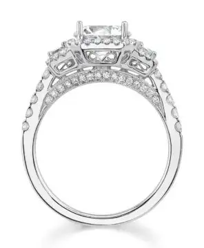White Gold Round Cut Three Stone Engagement Ring with Baguette Diamonds - Paris