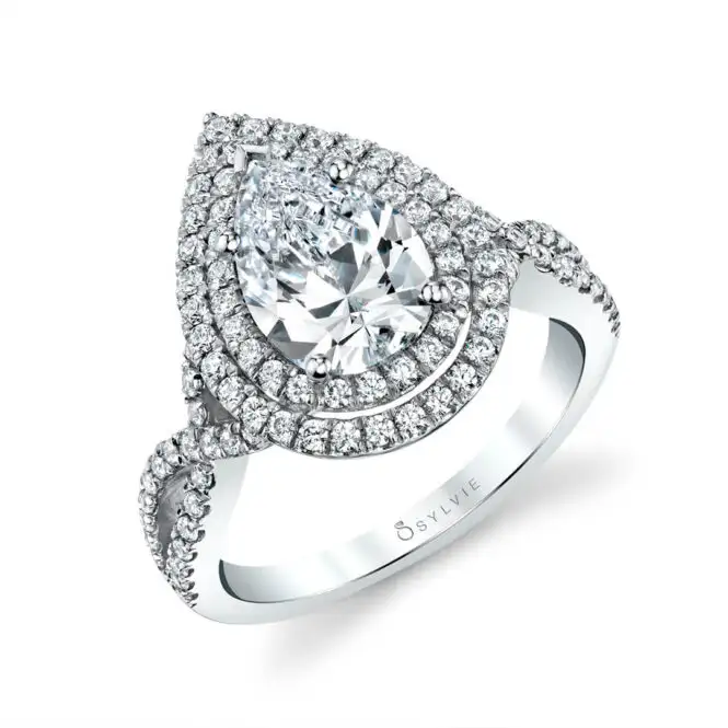 White Gold Pear Shape Unique Double Halo Engagement Ring