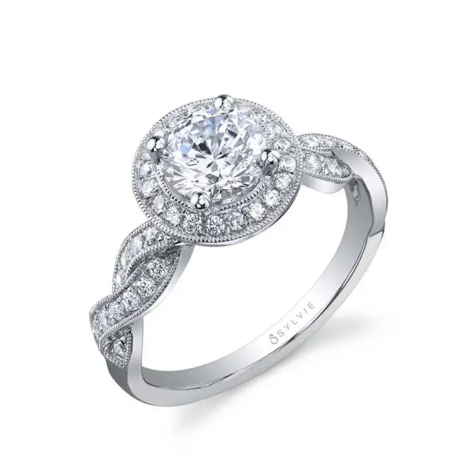 White Gold Spiral Engagement Ring with Halo