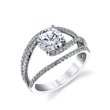 White Gold Round Cut Unique Split Shank Engagement Ring - Celia