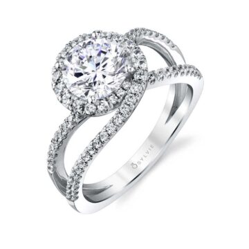 White Gold Round Cut Swirl Split Shank Engagement Ring - Marissa