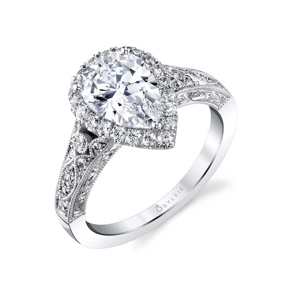 14k White Gold Pear Shaped Engagement Ring | Don Roberto Jewelers