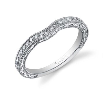 White Gold Vintage Hand-Engraved Milgrain Edge Diamond Wedding Band