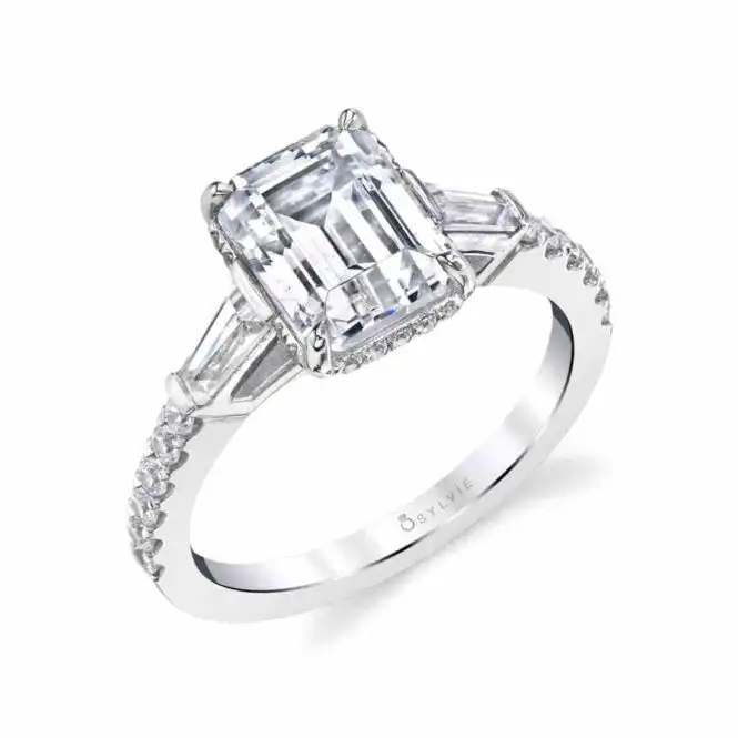 White Gold Emerald Cut Baguette 3 Stone Engagement Ring