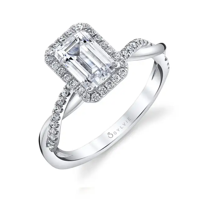 White Gold Emerald Cut Modern Halo Diamond Spiral Engagement Ring