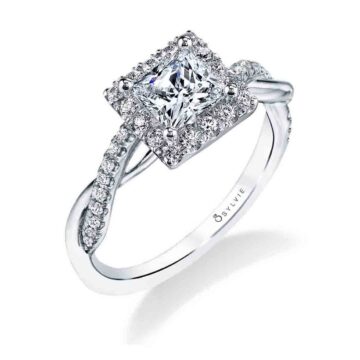 White Gold Princess Cut Modern Halo Diamond Spiral Engagement Ring - Coralie