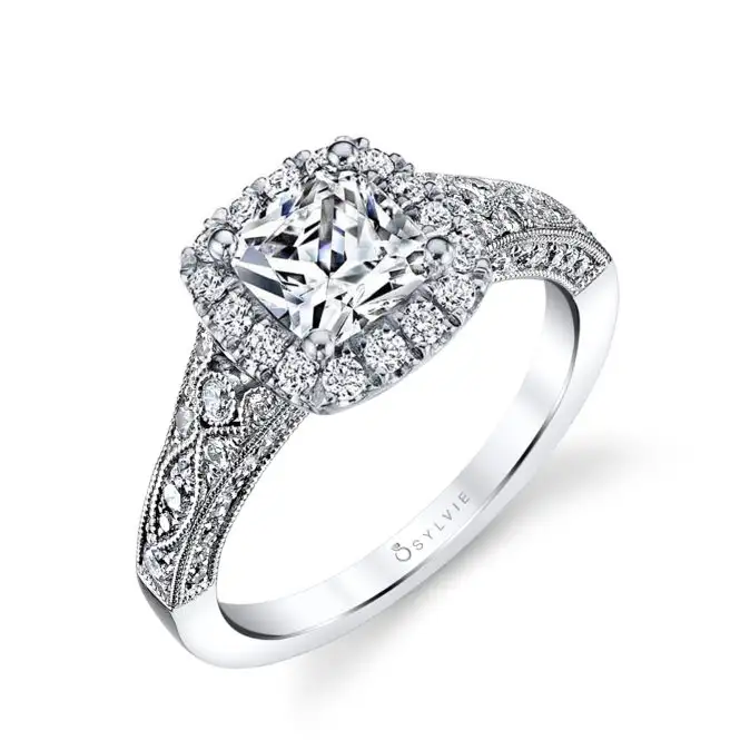 White Gold Cushion Cut Modern Vintage Halo Engagement Ring