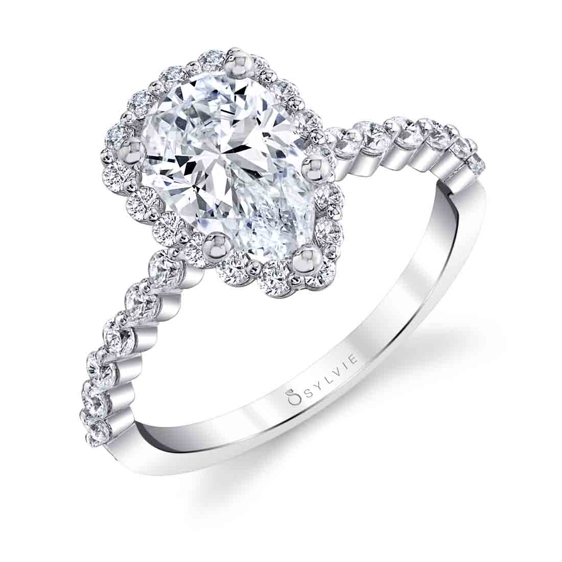 White Gold Pear Shaped Classic Halo Engagement Ring - Athena