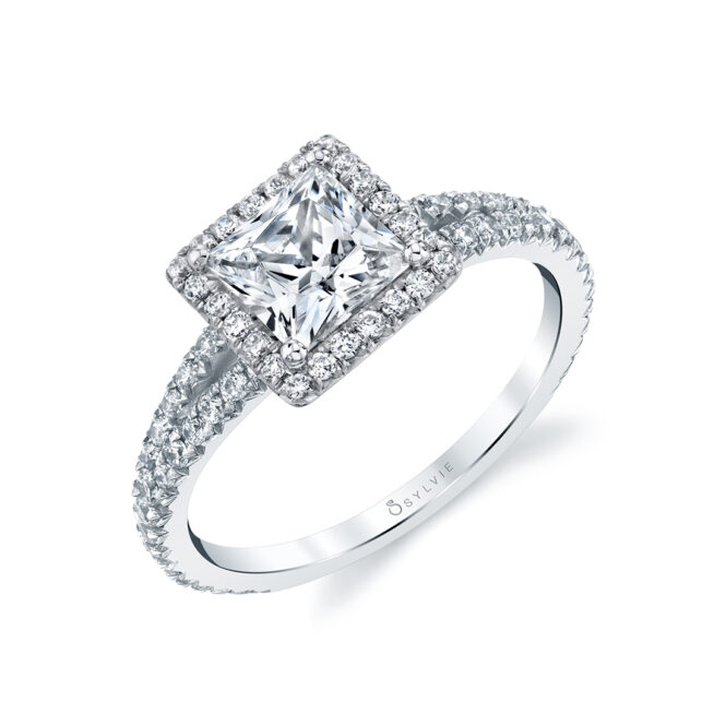 side view image of halo engagement ring with split shank