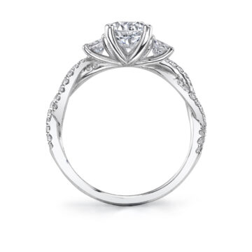 White Gold Round Cut Three Stone Spiral Engagement Ring - Gina