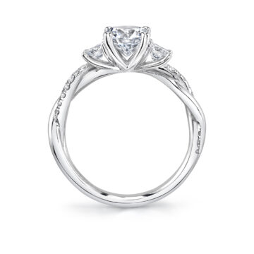 White Gold Round Cut Three Stone Spiral Engagement Ring - Evangeline